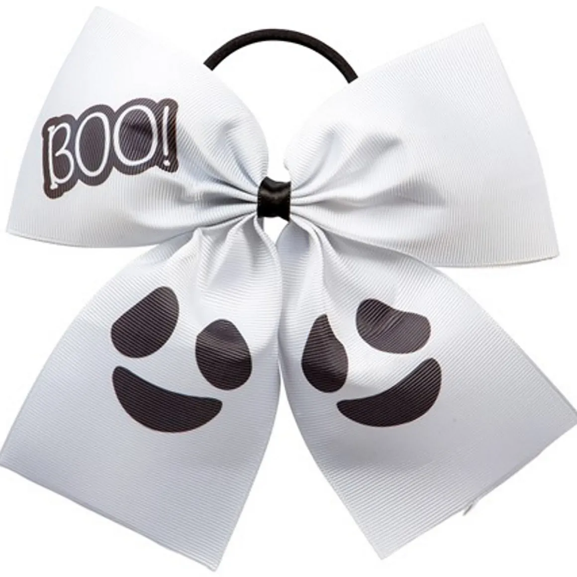 Stor, hvid halloweensløjfe af riflet repsbånd med spøgelsestryk, 17×16 cm