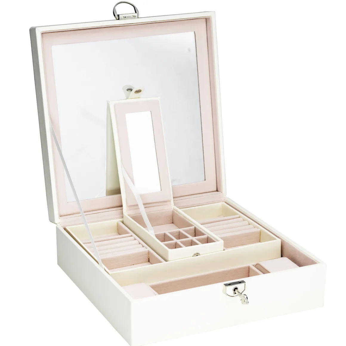 Stort, cremefarvet smykkeskrin med spejl og mange rum/skuffer – 25×25×9 cm