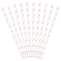 Sugerør af papir, 10-pak, hvide med rosa hjerter. Længde 19,5 cm