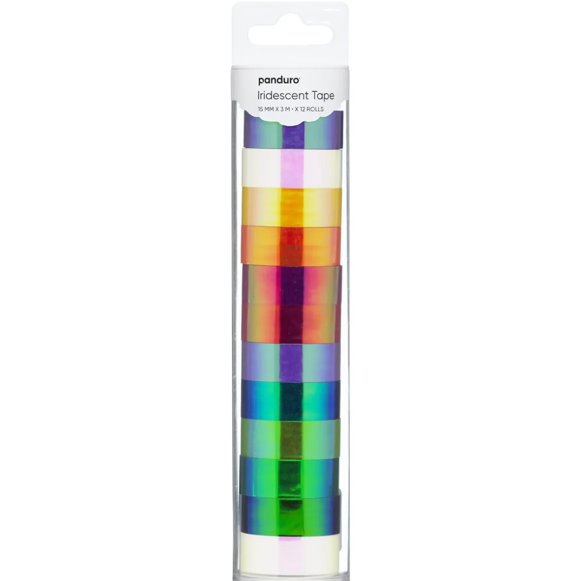 Tape, 12×3 meter farverig og iriserende/farveskiftende tape, som er 15 mm bred