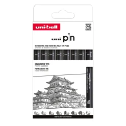 Uni Pin Fineliner 8-pack, Set #1 – 7 fineliners og 1 brush/penselspids