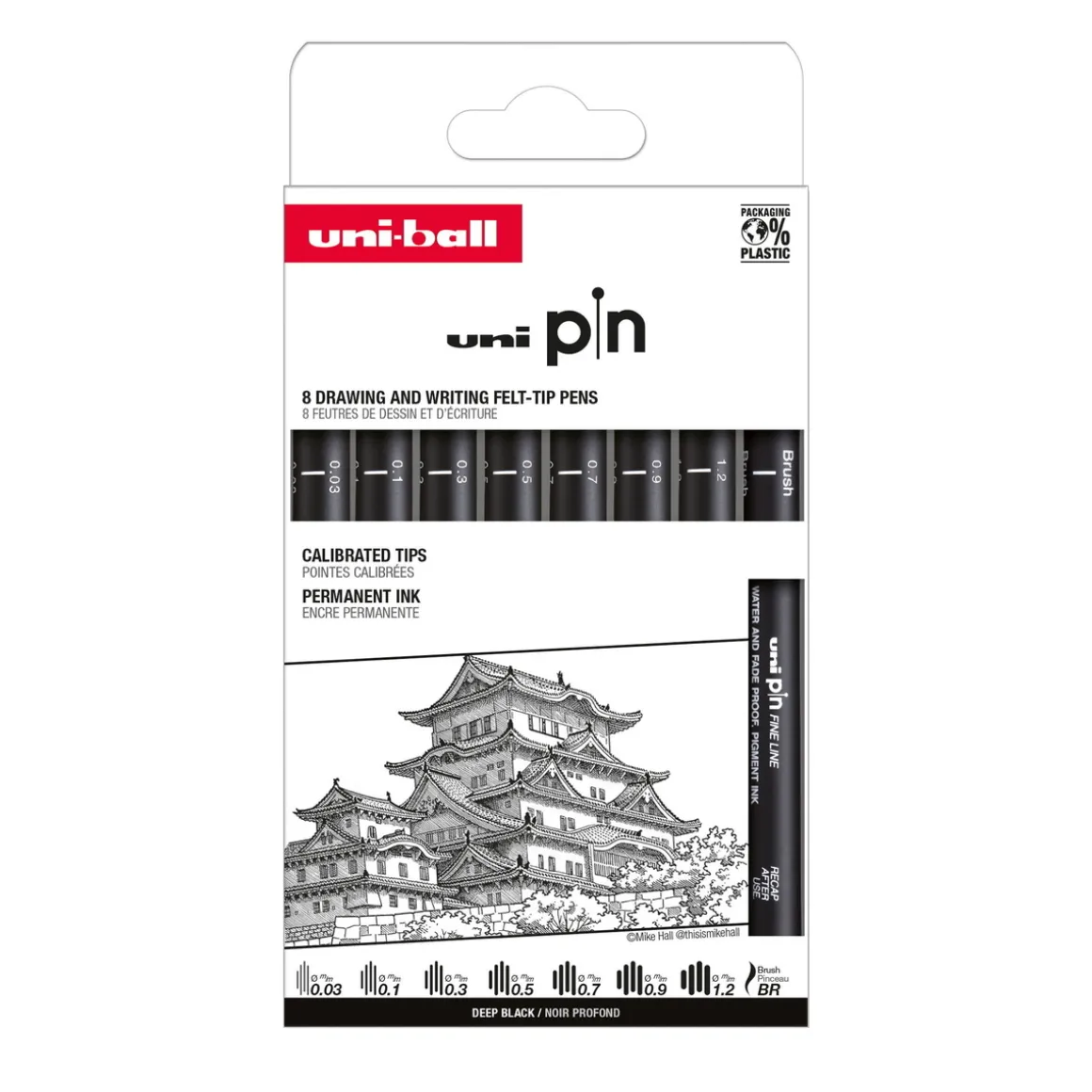 Uni Pin Fineliner 8-pack, Set #1 – 7 fineliners og 1 brush/penselspids