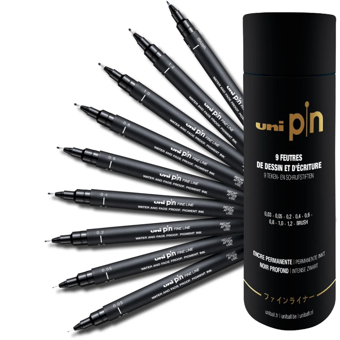 Uni Pin Fineliners, sæt i rør med 9 fineliners – 0,05 til 1,2 mm + brushpen