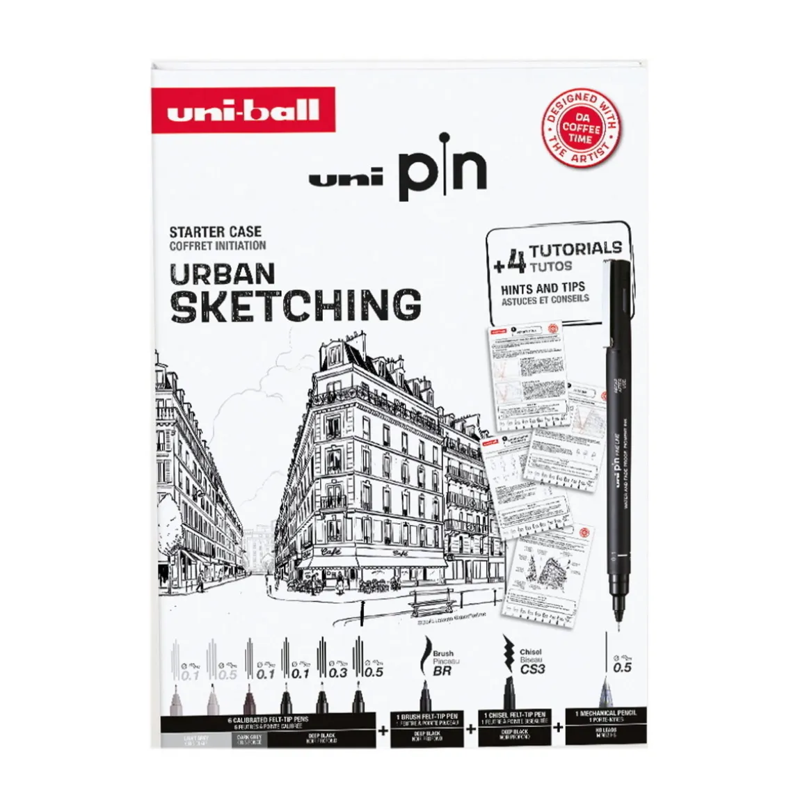 Uni Pin Fineliner Urban Sketching – 6 fineliners, brush, skrå og stiftblyant