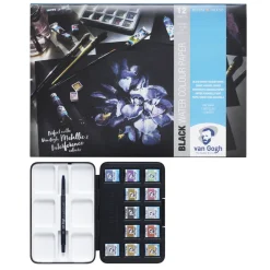 van Gogh akvarelfarversæt – 12 half pans – Noir + A4-blok med 12 sorte ark