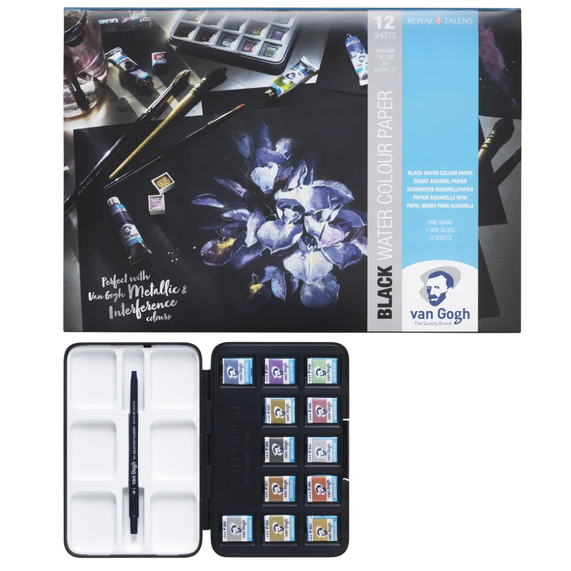 van Gogh akvarelfarversæt – 12 half pans – Noir + A4-blok med 12 sorte ark