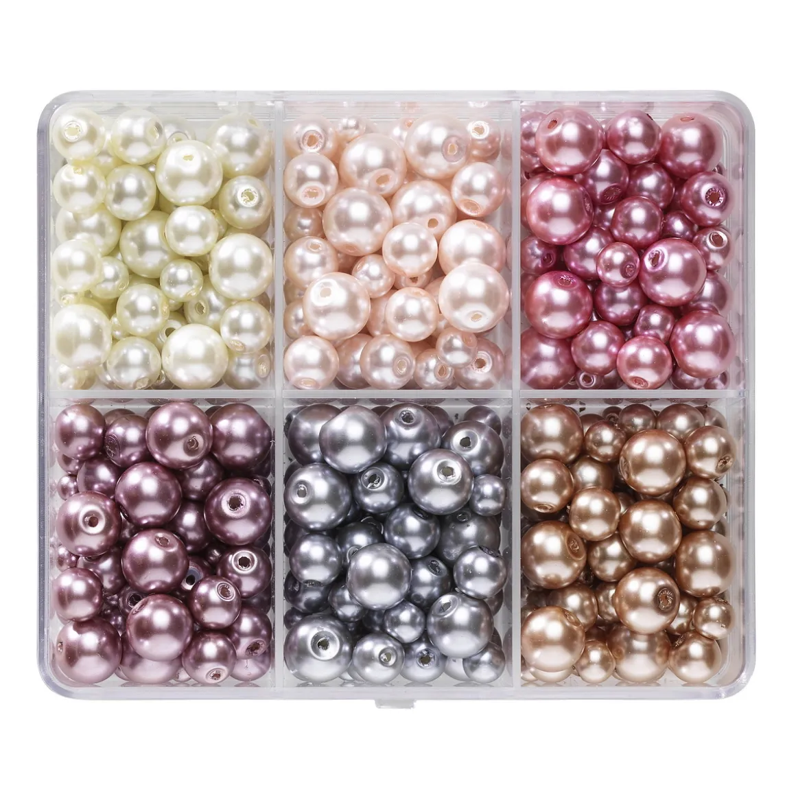 Voksede glasperler, ca. 480 stk. i et elegant mix – 4 størrelser, Ø4, 6, 8 og 10 mm