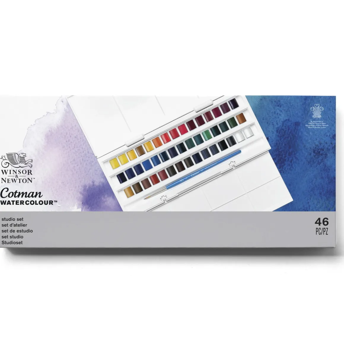 Winsor & Newton Cotman Studio set, akvarelfarve i 45 half pans, etui og pensel