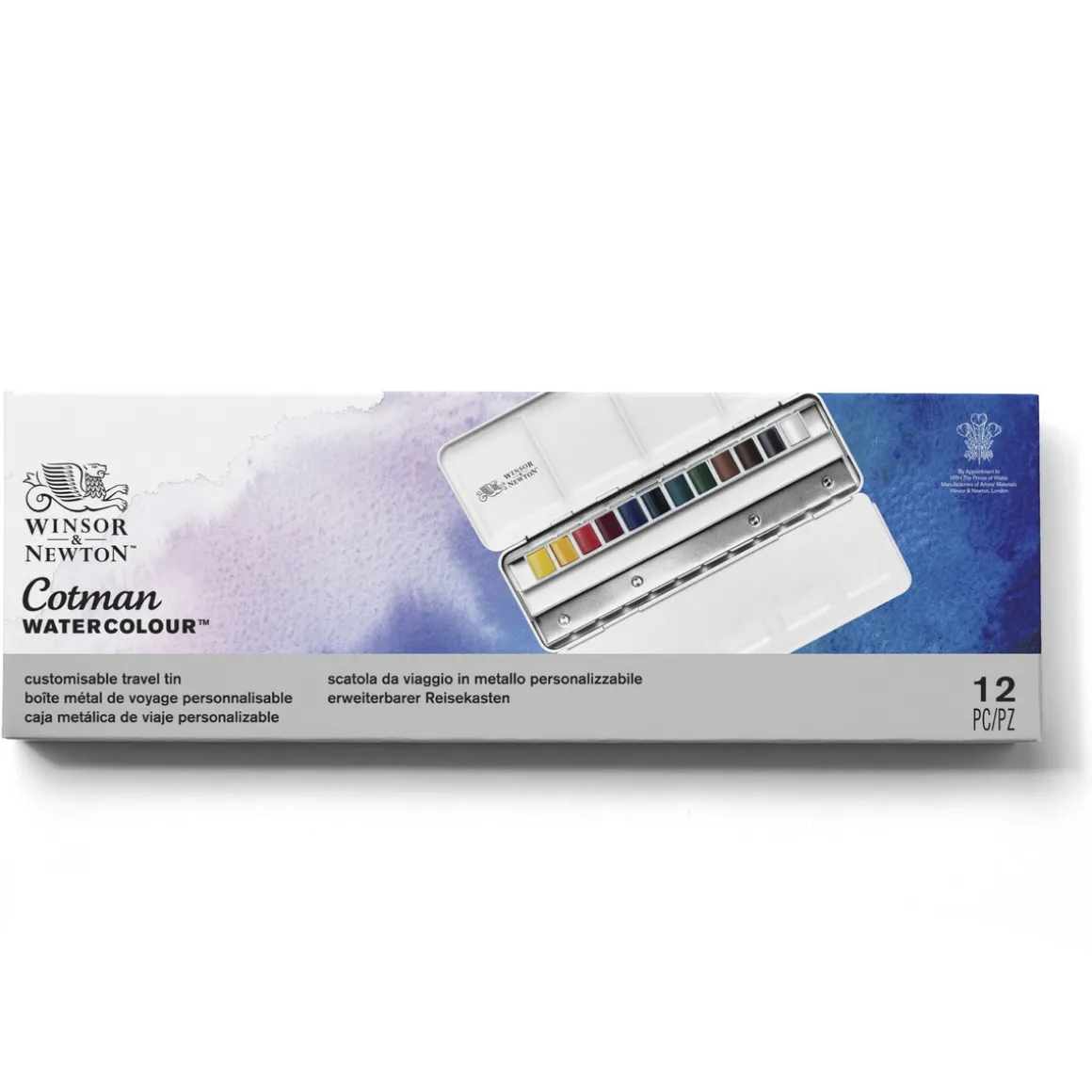 Winsor & Newton Cotman Travel Tin, 12 half pans + metaletui med 12 tomme pladser