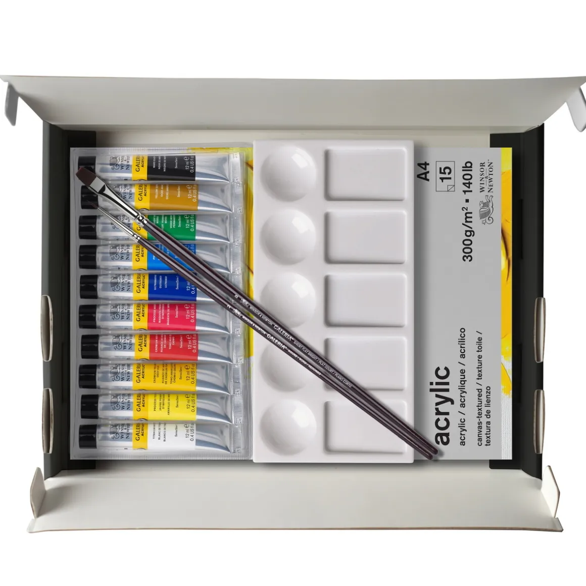 Winsor & Newton Galeria Acrylic Kit 10×12 ml akrylfarve, A4-blok, 2 pensler + palet